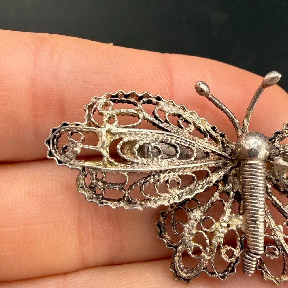 Vintage Butterfly Brooch Spun Silver Filigree Open Work Design